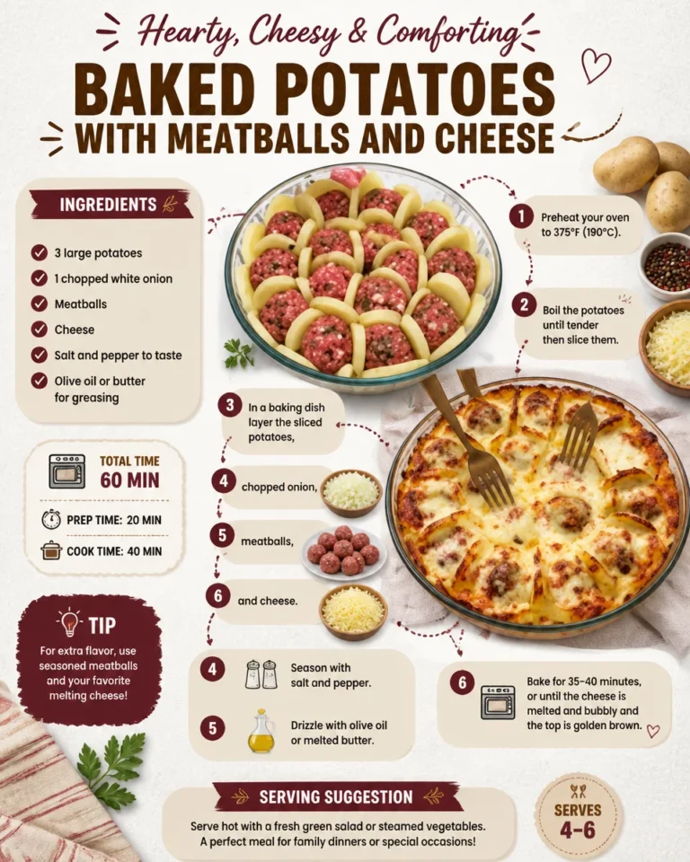 Baked potatoes topped with meatballs and melted cheese