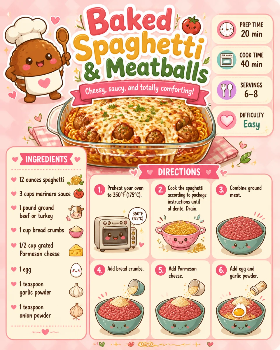 Delicious baked spaghetti with meatballs served in a casserole dish