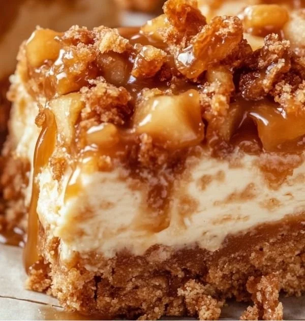 Delicious caramel apple cheesecake bars drizzled with caramel sauce