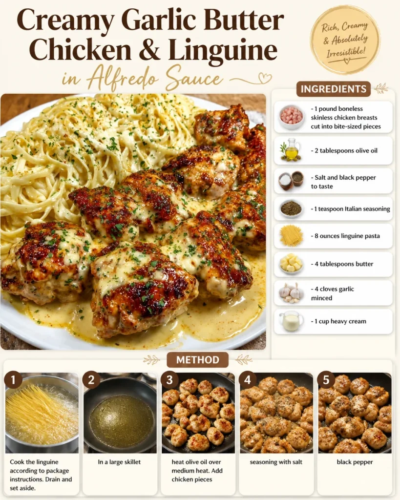 Creamy garlic butter chicken served over alfredo linguine