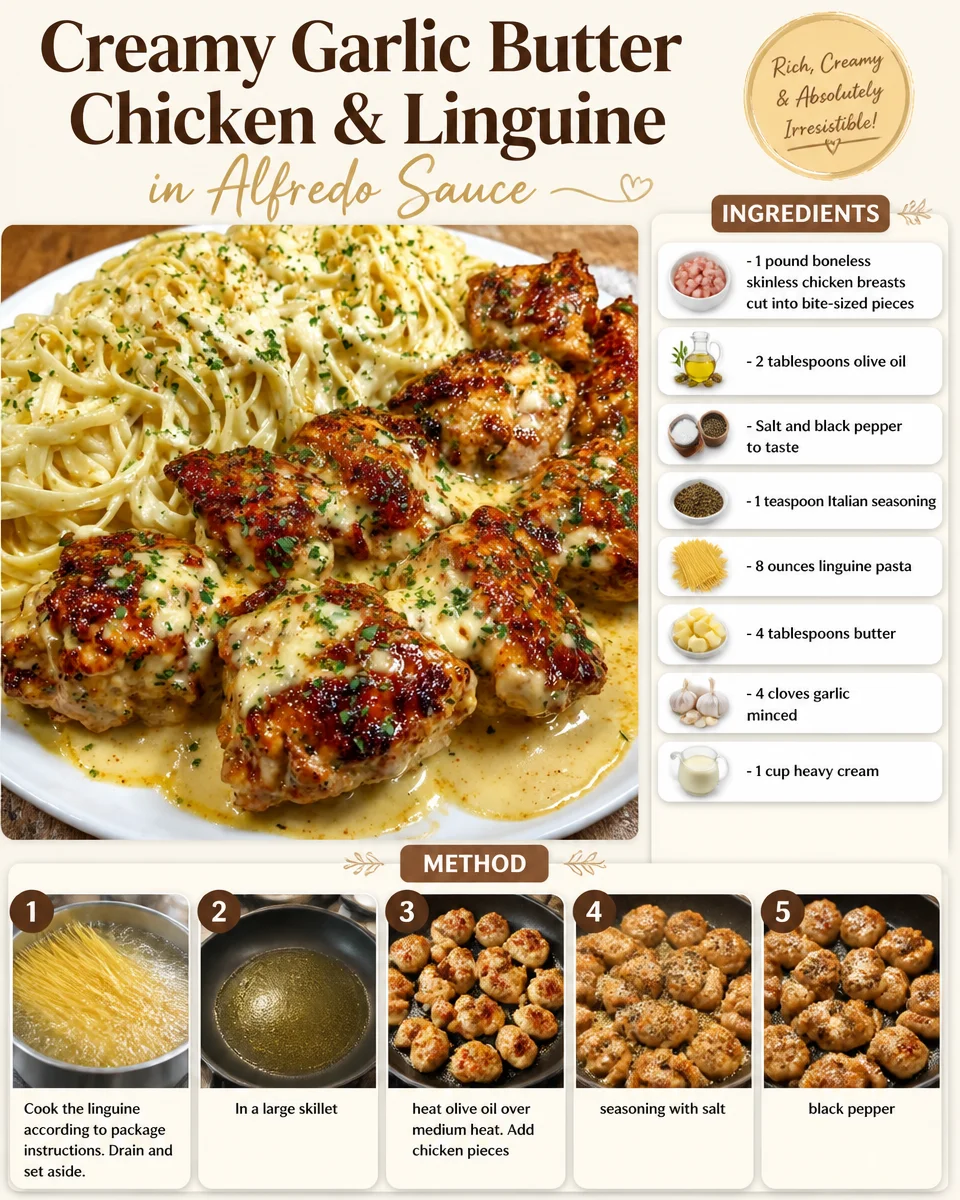 Creamy garlic butter chicken served over alfredo linguine