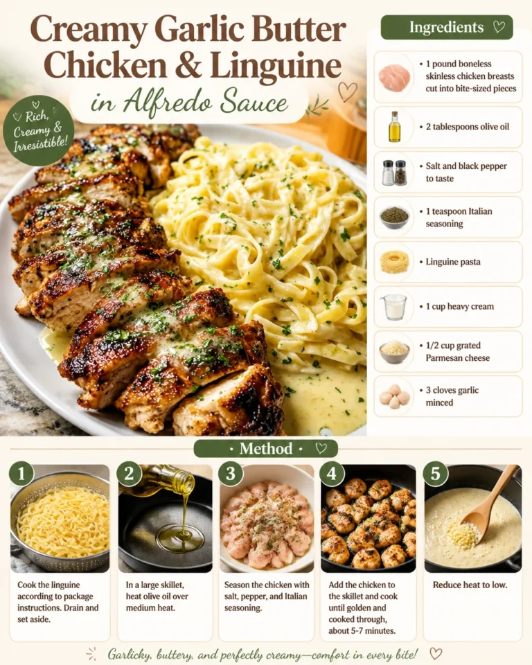 Creamy garlic butter chicken with linguine Alfredo on a plate