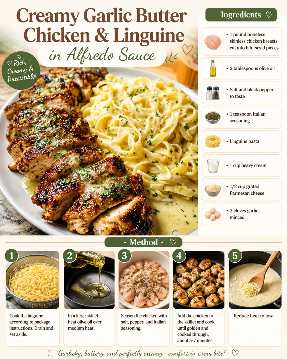 Creamy garlic butter chicken with linguine Alfredo on a plate