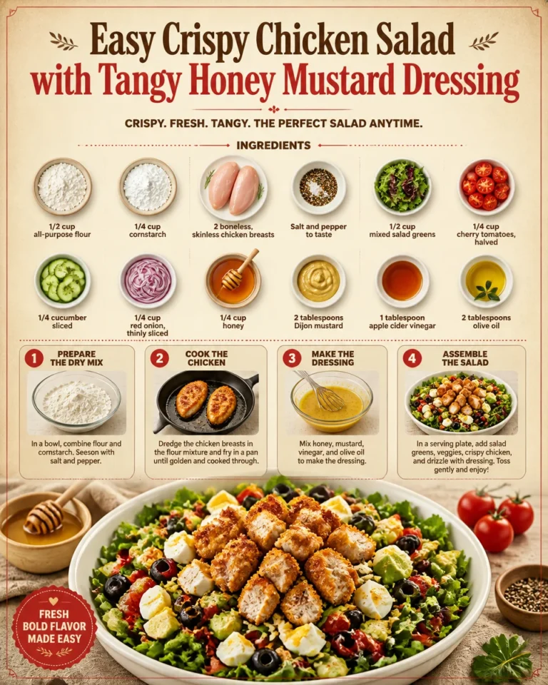Crispy Chicken Salad with tangy honey mustard dressing served on a plate