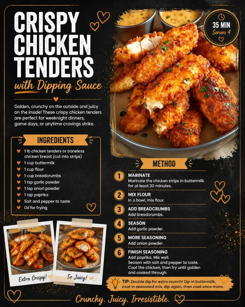Plate of crispy chicken tenders with dipping sauce on the side