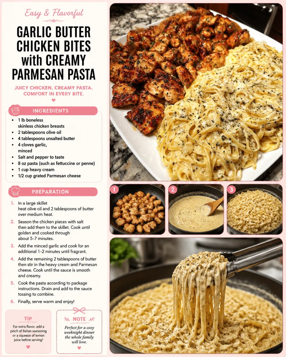 Garlic Butter Chicken Bites served with creamy Parmesan pasta on a plate
