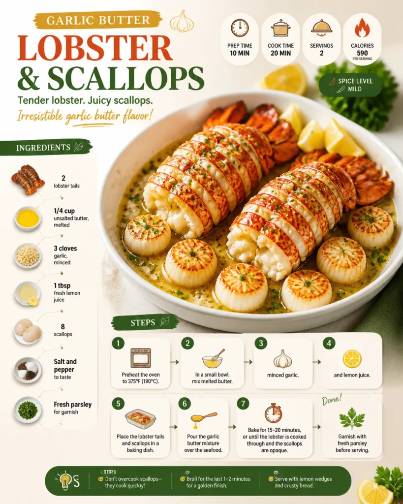 Garlic Butter Lobster with Scallops served on a plate