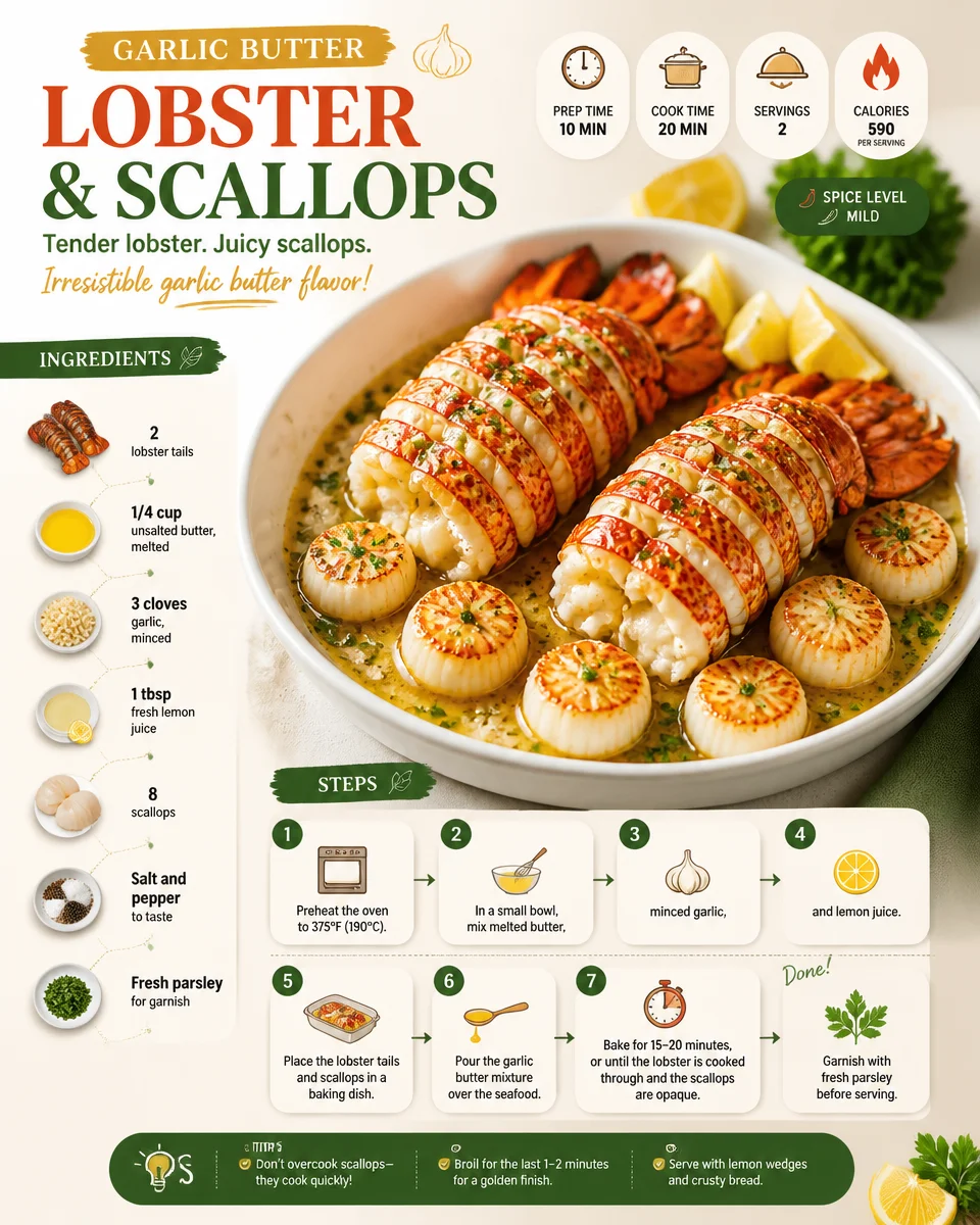Garlic Butter Lobster with Scallops served on a plate