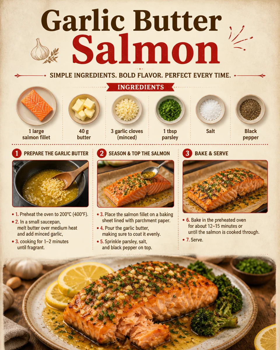 Delicious Garlic Butter Salmon served with herbs and lemon