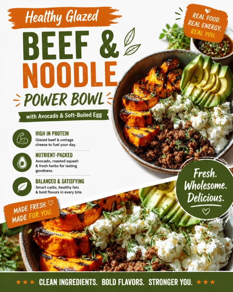 Healthy glazed beef noodle bowl topped with avocado and a soft-boiled egg