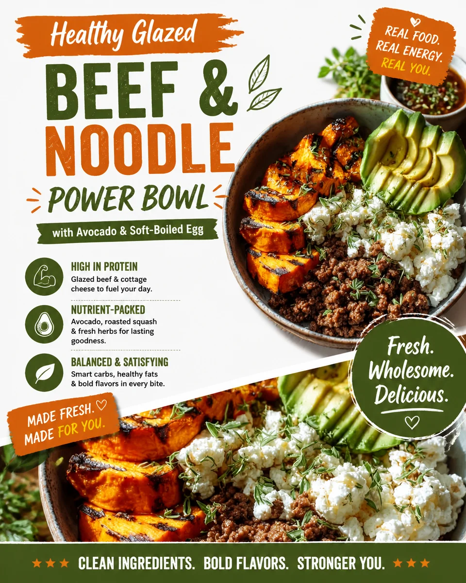 Healthy glazed beef noodle bowl topped with avocado and a soft-boiled egg