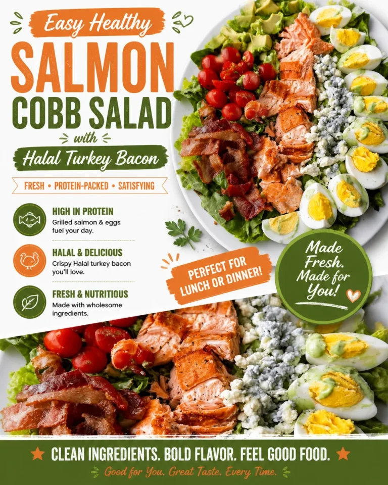 Healthy Salmon Cobb Salad with Halal Turkey Bacon served in a bowl