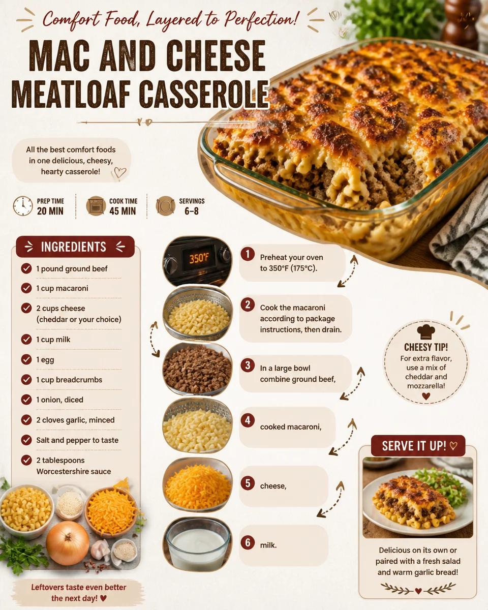 Baked Mac and Cheese Meatloaf Casserole topped with melted cheese