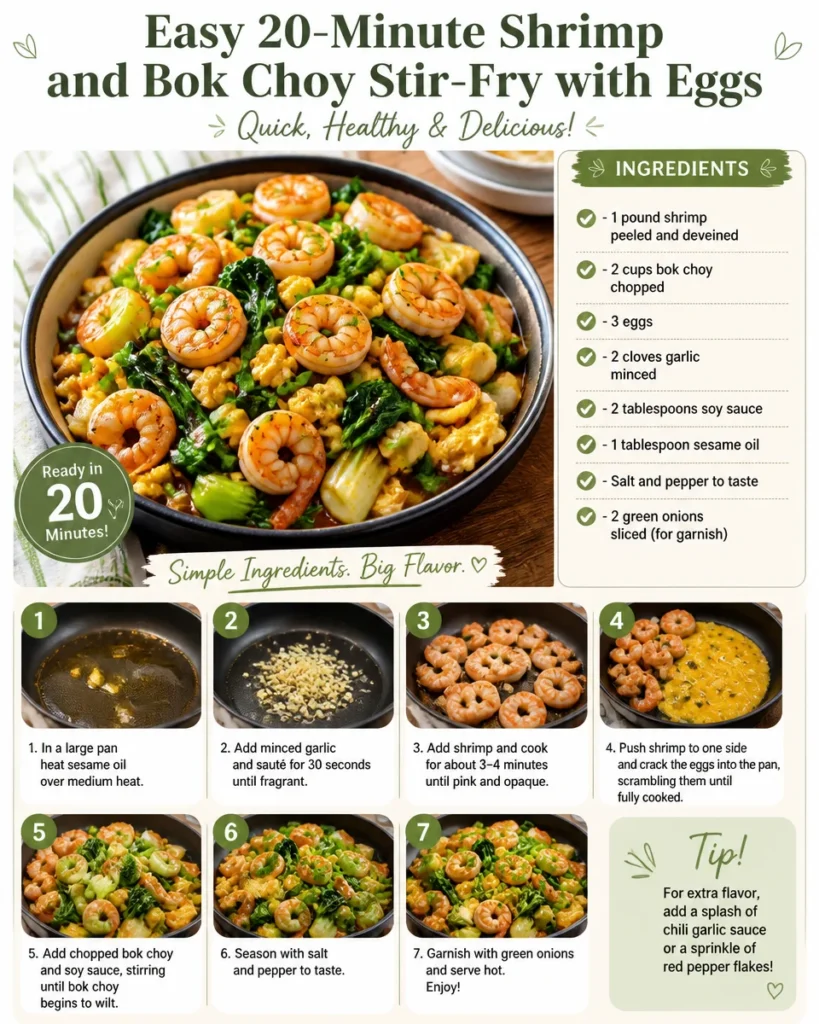 Quick shrimp stir-fry with bok choy and eggs in a colorful dish