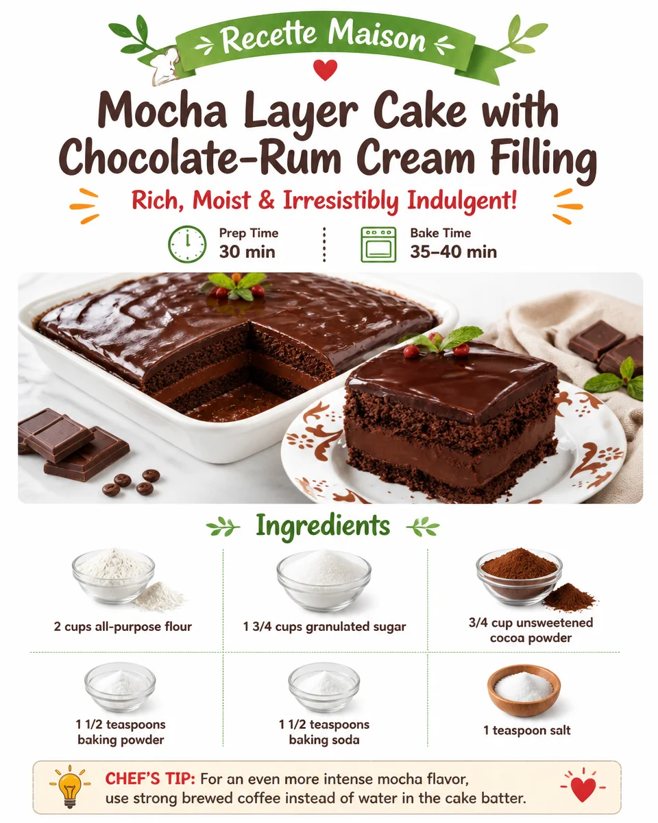 Mocha layer cake with chocolate-rum cream filling, a delicious dessert
