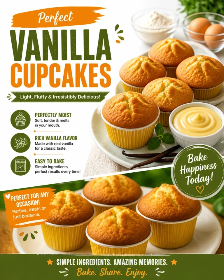 Delicious and fluffy vanilla cupcakes topped with creamy frosting.