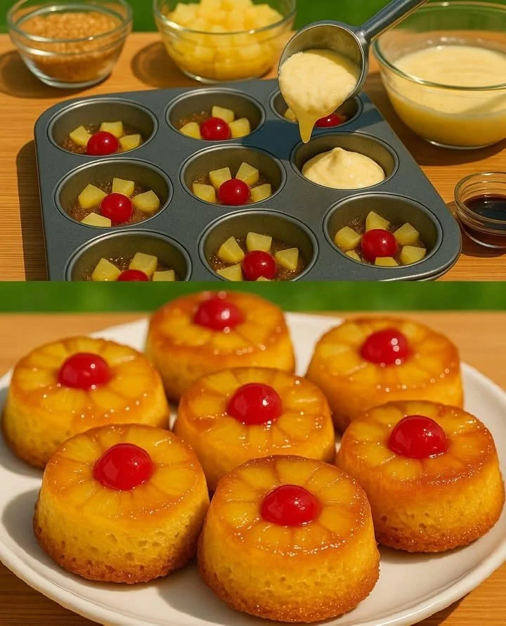 Pineapple upside-down cupcakes topped with cherries and caramel