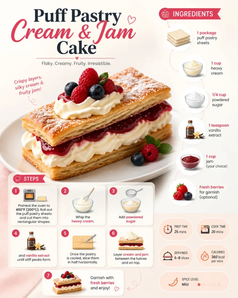 Delicious Puff Pastry Cream and Jam Cake with layers of cream and sweet jam