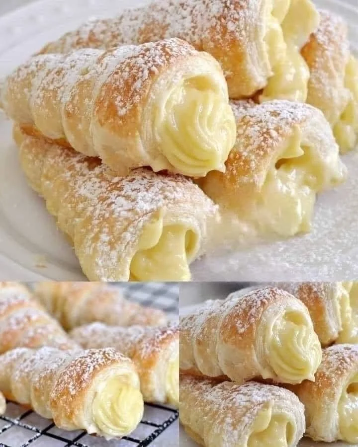 Puff pastry horns filled with cream and garnished on a plate