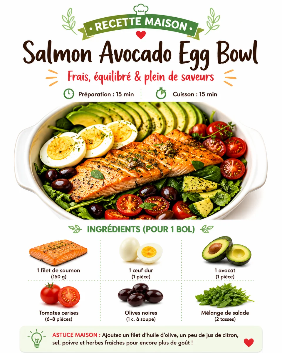 Healthy Salmon Avocado Egg Bowl topped with fresh ingredients