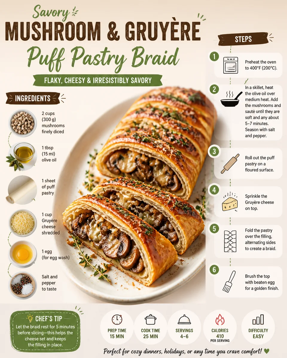 Savory mushroom puff pastry braid with Gruyère cheese, beautifully braided and baked.