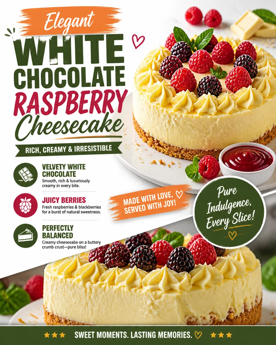 Delicious slice of white chocolate raspberry cheesecake topped with fresh raspberries.